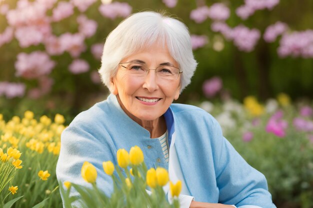花の庭でリラックスした魅力的なエレガントな年配の女性の肖像画