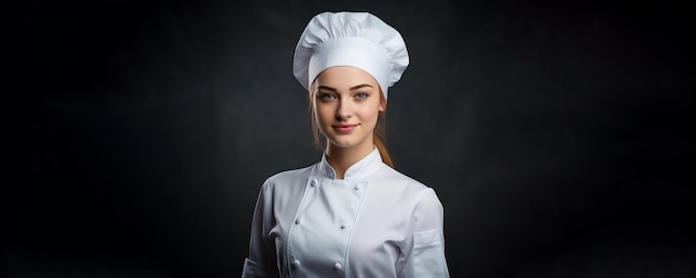 portrait of a attractive female chef in chef's hat and jacket chef web banner background