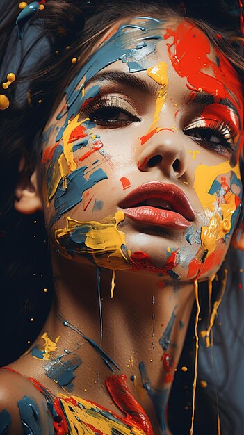 A portrait of an attractive girl with multicolored liquid paints on her face Vivid art design AI