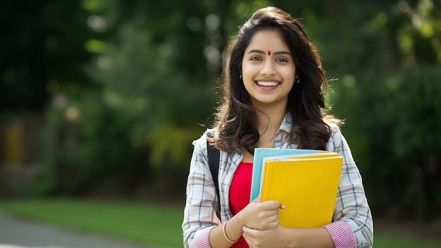 Portrait of an attractive indian girl female student holding a folder and a book