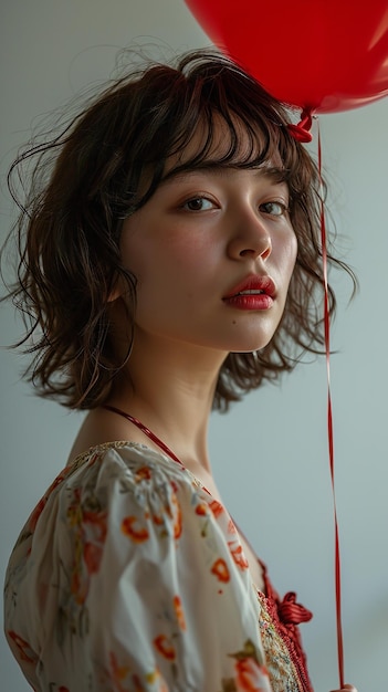 Portrait of an attractive Japanese young female holding heart shape balloon for Valentines day Generative AI