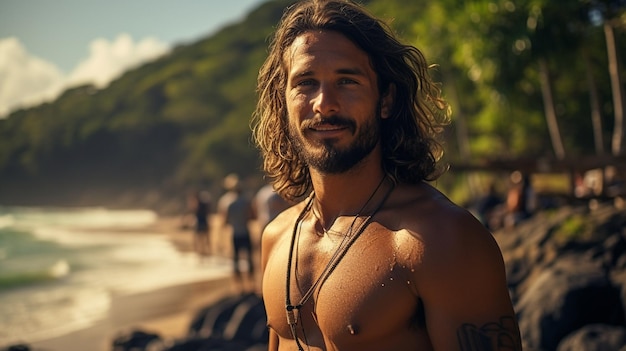 Portrait of an attractive man pulling off his shirt with a beard long hair and a tattoo