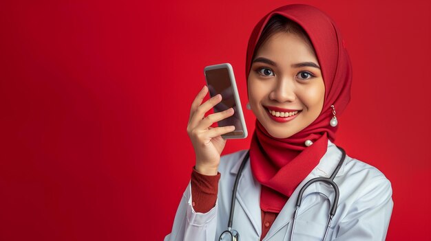 A portrait of an attractive and professional Asian Muslim female doctor in a uniform and hijab stands with her arms crossed in her office at a hospital or clinic