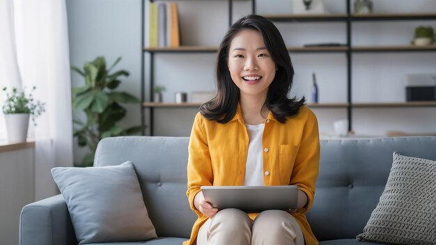 Portrait attractive smart asian female adult long black hair casual smiling at living room on sofa