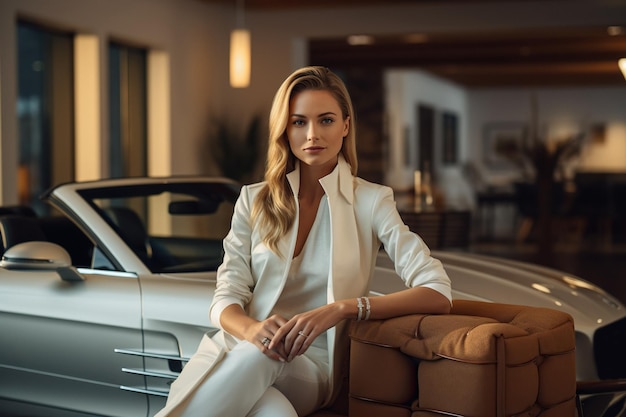 Портрет привлекательной и стильной женщины, сидящей возле современного спортивного автомобиля в роскошном интерьере