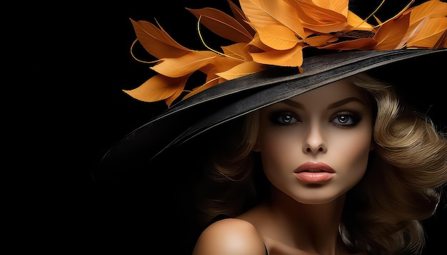 portrait of attractive stylish woman with black hat and autumn leaves