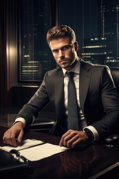 A portrait of an attractive suited model man in a modern office