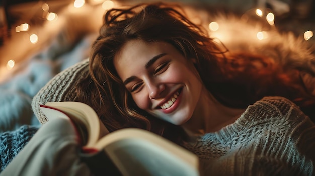 Портрет привлекательной женщины в гостиной, читающей книги