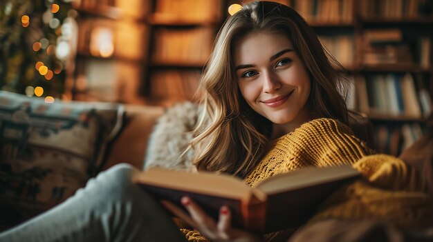 Portrait of an attractive woman in her living room reading books Generative AI