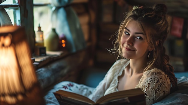 Photo portrait of an attractive woman in her living room reading books generative ai