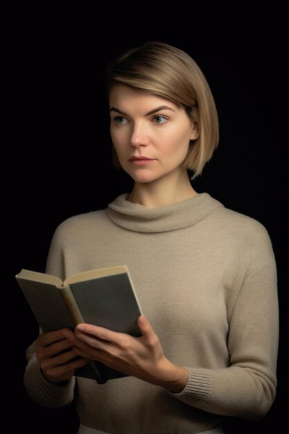 Portrait of an attractive woman holding a book with blank pages created with generative ai