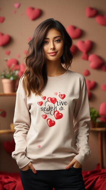 Photo portrait of an attractive woman model wearing hoodie and trouser posing for valentines generative ai