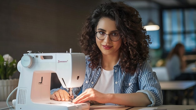 Portrait of an attractive woman at sewing machine