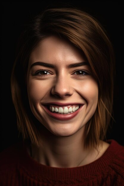 生成 AI で作成された、まっすぐな歯を見せびらかす魅力的な女性のポートレート