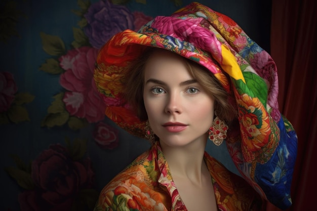 Portrait of an attractive woman wearing a hat made from colourful cloth created with generative ai