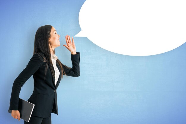 Portrait of attractive woman with speech cloud