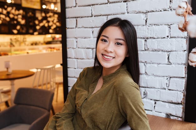座っている魅力的な若いアジア女性の肖像画