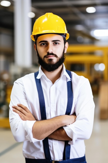 Portrait of an attractive young engineer working in a factory created with generative ai