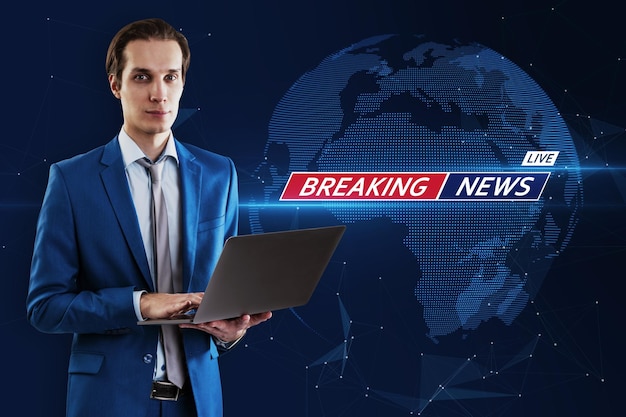 Portrait of attractive young european busiessman standing with laptop on blurry blue breaking news pattern background Headline communication and global world concept Double exposure