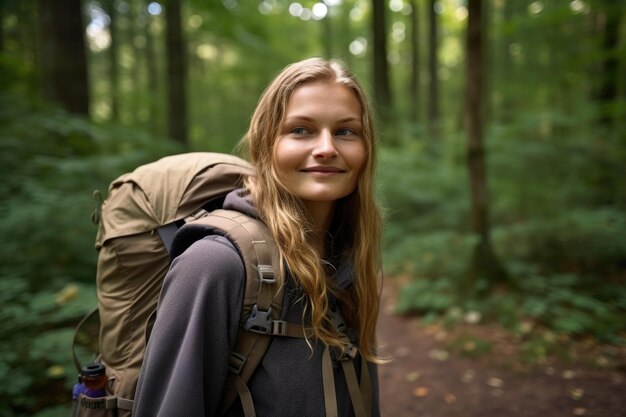 Portrait of an attractive young female hiker in the woods created with generative ai