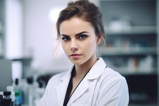 Portrait of an attractive young female scientist standing in her lab created with generative ai