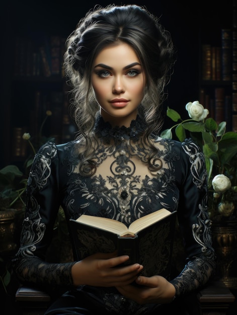 Portrait of an attractive young girl librarian library worker dressed in black clothes books gaining knowledge strict attire glasses black lace dresses