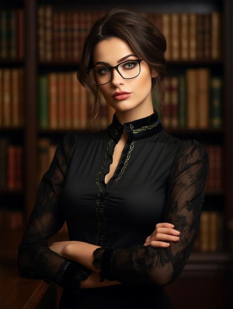 Portrait of an attractive young girl librarian library worker dressed in black clothes books gaining