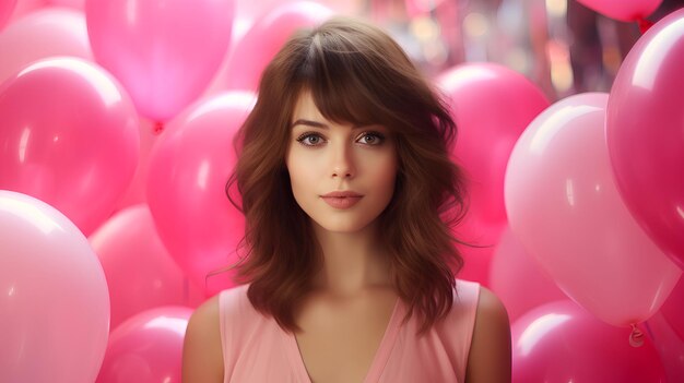 Photo portrait of attractive young girl in pink dress