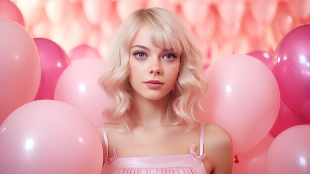 Photo portrait of attractive young girl in pink dress