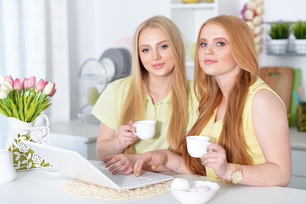 Portrait of attractive young girls using laptop