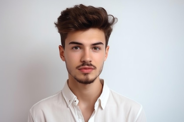 Portrait of an attractive young man standing in front of a white wall created with generative ai