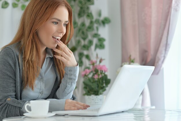 Portrait of attractive young woman communicating via laptop