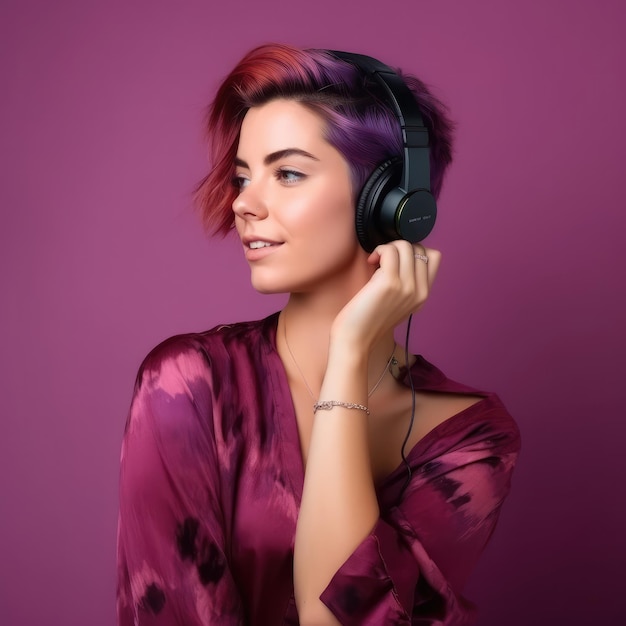 Portrait of a attractive young woman enjoying music with pink purple background