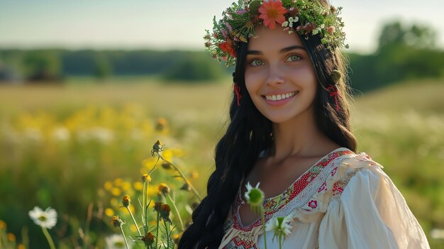 Portrait of an attractive young woman in flower wreath in head in woods with empty space generative