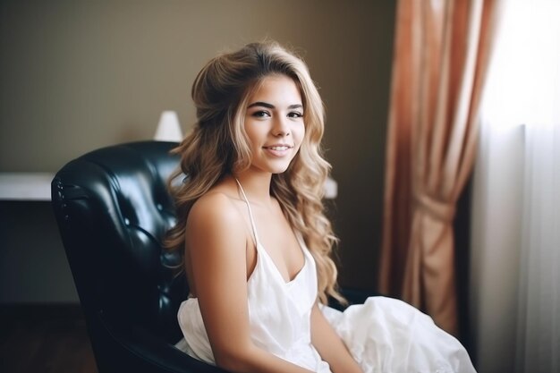 Photo portrait of an attractive young woman in a gown sitting and getting her hair done