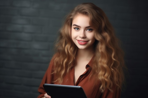 Portrait of an attractive young woman holding up a digital tablet created with generative ai