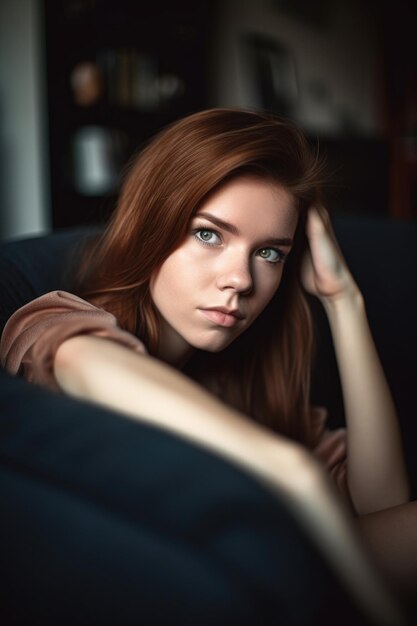 Portrait of an attractive young woman lying on a couch at home created with generative ai