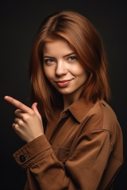 Портрет привлекательной молодой женщины, указывающей на камеру