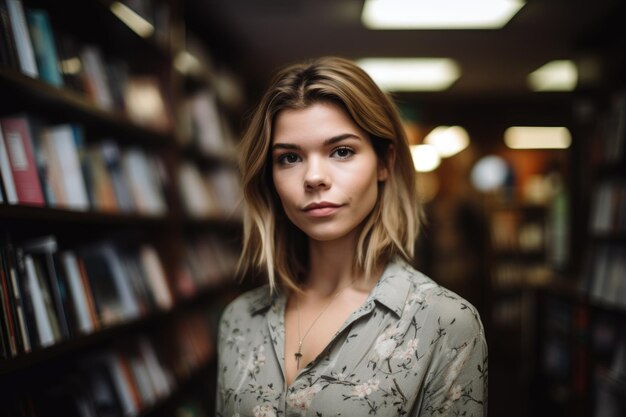 책 가게에 서 있는 매력적인 젊은 여성의 초상화는 생성 AI로 만들어졌습니다.