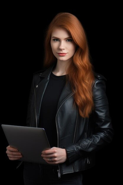 Portrait of an attractive young woman standing with a laptop in her hand created with generative ai