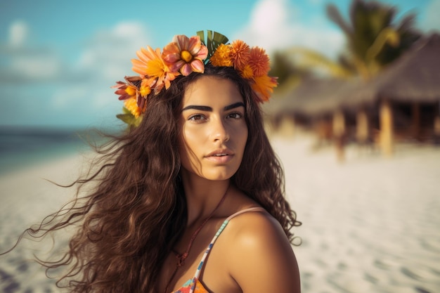 熱帯のビーチの魅力的な若い女性の肖像画