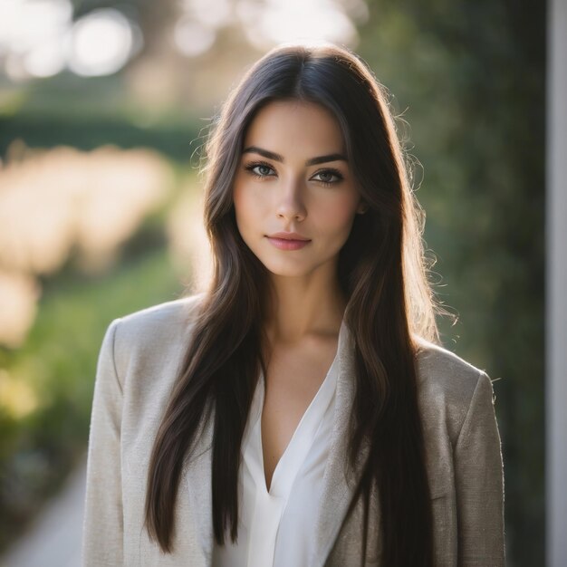 portrait of attractive young woman with dark hair in elegant beige jacket posing outdoors