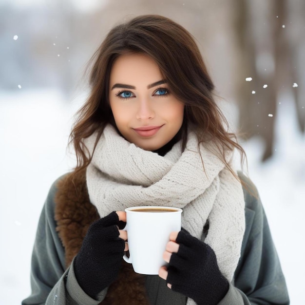 портрет привлекательной молодой женщины с темными волосами, носящей шарф и держащей белую кофейную чашку на