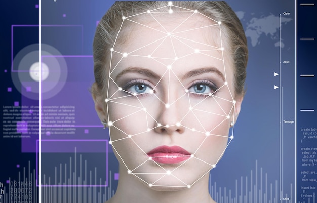 Photo portrait of attractive young woman with face detection virtual infographics