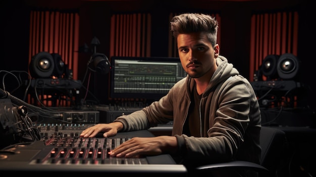 Photo portrait of audio engineer working in music recording studio uses mixing board create modern sound