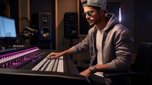 Photo portrait of audio engineer working in music recording studio uses mixing board create modern sound