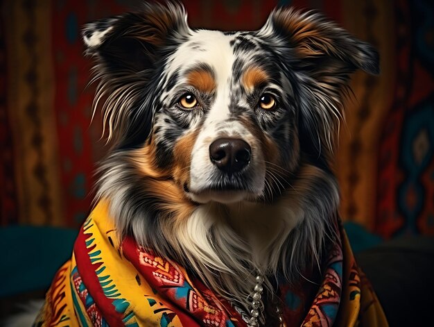 Portrait of australian shepherd dog dressed in a colorful oaxacan folk d festive mexico traditional