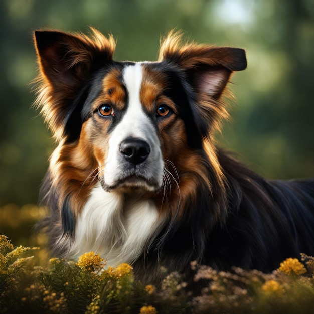 portrait of australian shepherd dog in the forest pet in nature portrait of australian shepher