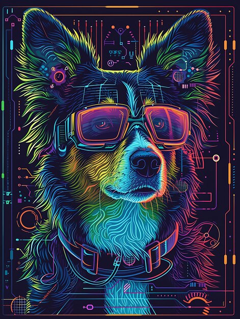 Portrait of australian shepherd dog with neon circuitry on its fur augme cyber poster banner flyer