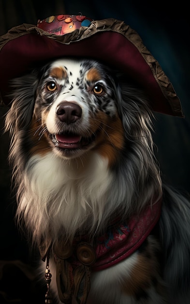 Photo portrait of australian shepherd red merle pirate trickster jester hat mo animal arts collections